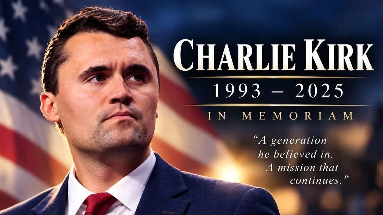 Charlie Kirk memorial title card, 1993 to 2025, in front of an American flag